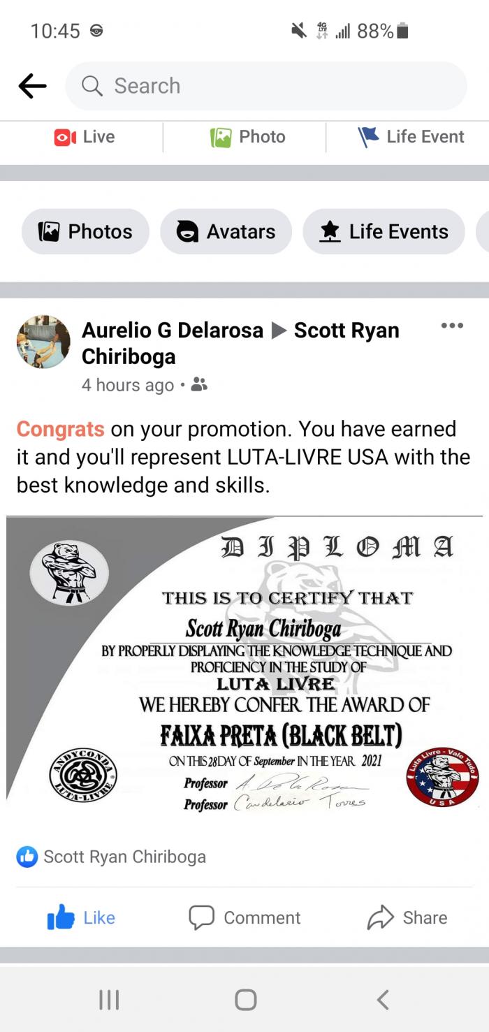 Facebook Post of Luta Livre USA Black Belt Rank Certificate from Promoting Instructor Aurelio DeLaRosa